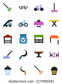 Color and black flat icon set - cafe vector, ladder car, rake, sickle, garden light, picnic table, fertilizer, bike, restaurant, alcove, outdoor lamp