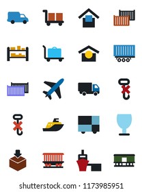 Color and black flat icon set - plane vector, baggage trolley, railroad, sea shipping, truck trailer, cargo container, car delivery, port, consolidated, fragile, warehouse storage, no hook, package
