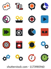 Color and black flat icon set - washer vector, gear, contract, circle chart, stamp, play button, fast forward, record, update, pie graph, target, flower in pot, omelette, clock