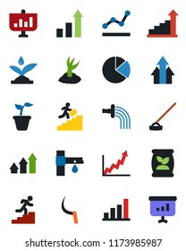 Color and black flat icon set - growth statistic vector, seedling, watering, sproute, hoe, sickle, fertilizer, drip irrigation, bar graph, pie, point, career ladder, arrow up, presentation
