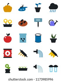 Color and black flat icon set - seedling vector, watering can, rain, plant label, pumpkin, seeds, oil barrel, pond, flower in pot, rolling pin, apple fruit, water filter