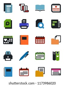 Color and black flat icon set - contract vector, book, pen, document, calendar, printer, medical, folder, news, copybook, search, schedule