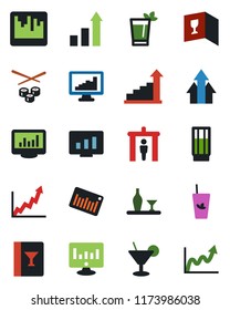 Color and black flat icon set - security gate vector, growth statistic, monitor, barcode, scanner, statistics, alcohol, wine card, drink, cocktail, phyto bar, sushi, arrow up graph
