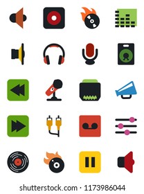 Color and black flat icon set - vinyl vector, flame disk, microphone, speaker, loudspeaker, equalizer, headphones, pause button, fast forward, rewind, rec, rca, hdmi, tuning, record, sound