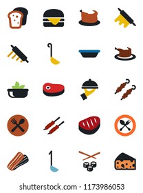 Color and black flat icon set - spoon and fork vector, cafe, salad, bacon, waiter, bread, chicken, steak, kebab, hamburger, ladle, bowl, rolling pin, sushi, cheese