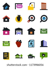Color and black flat icon set - office building vector, house, real heart, contract, with garage, tree, estate document, rent, sold signboard, search, smart home, city, message