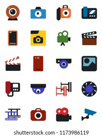 Color and black flat icon set - camera vector, clapboard, film frame, video, phone back, mobile, gallery, photo, web, intercome, surveillance