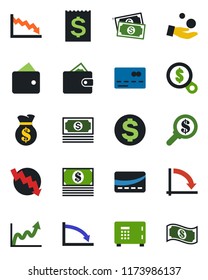 Color and black flat icon set - credit card vector, safe, dollar sign, crisis graph, cash, receipt, wallet, money bag, growth, search, investment