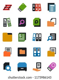 Color and black flat icon set - office binder vector, document search, receipt, folder, paper, tray, archive box, usb flash