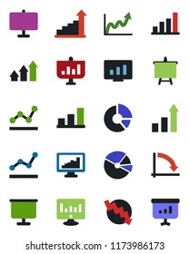 Color and black flat icon set - growth statistic vector, presentation board, crisis graph, monitor, circle chart, statistics, bar, pie, point, arrow up