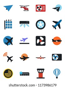 Color and black flat icon set - plane vector, airport tower, radar, departure, helicopter, seat map, air conditioner, fan, paper, balloon