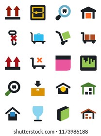 Color and black flat icon set - baggage trolley vector, fragile, cargo, warehouse storage, up side sign, no, hook, package, search, scanner, blank box