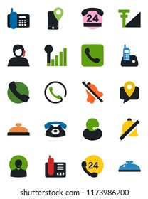 Color and black flat icon set - office phone vector, 24 hours, support, mobile tracking, radio, call, mute, cellular signal, reception
