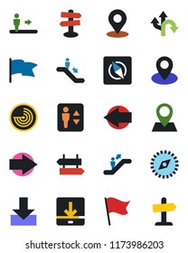 Color and black flat icon set - elevator vector, escalator, signpost, right arrow, left, radar, route, pin, download, place tag, compass, flag, guidepost