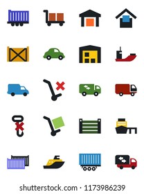 Color and black flat icon set - sea shipping vector, truck trailer, cargo container, car delivery, port, warehouse storage, no trolley, hook, moving