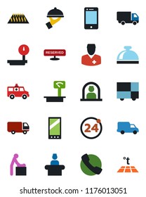 Color and black flat icon set - 24 around vector, reception bell, baby room, ambulance car, doctor, delivery, consolidated cargo, heavy scales, cell phone, mobile, call, reserved, waiter, warm floor