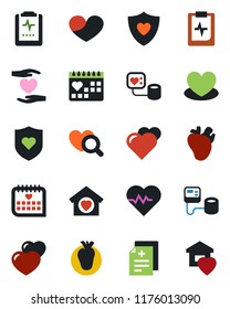 Color and black flat icon set - heart vector, pulse, diagnosis, blood pressure, diagnostic, shield, hand, real, medical calendar, clipboard, sweet home