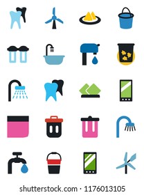 Color and black flat icon set - trash bin vector, shower, bucket, tooth, mobile, blank box, water supply, bathroom, serviette, filter, windmill