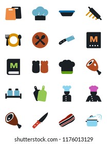 Color and black flat icon set - cook vector, cafe, hat, menu, bacon, salt and pepper, ham, bowl, rolling pin, cutting board, knife, steaming pan