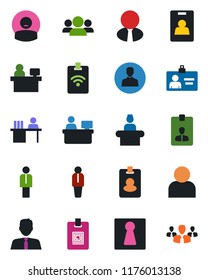 Color and black flat icon set - female vector, reception, manager, identity card, place, patient, user, desk, estate agent, pass, group