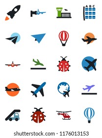 Color and black flat icon set - plane vector, departure, arrival, ladder car, boarding, helicopter, seat map, globe, airport building, lady bug, rocket, paper, air balloon
