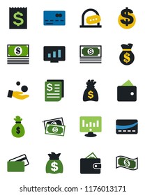Color and black flat icon set - credit card vector, ticket office, dollar sign, money bag, statistic monitor, cash, receipt, wallet, investment