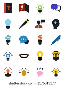 Color and black flat icon set - speaking man vector, pen, brainstorm, bulb, dialog, wine card, hot dog, energy saving, shining head, idea