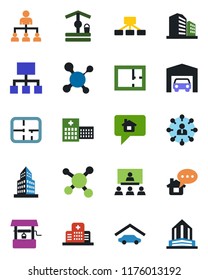 Color and black flat icon set - hierarchy vector, well, molecule, hospital, office building, garage, plan, home message