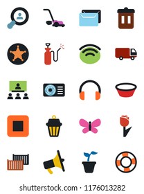 Color and black flat icon set - seedling vector, lawn mower, butterfly, garden sprayer, cargo container, car delivery, tulip, loudspeaker, headphones, stop button, wireless, hierarchy, mail, bowl