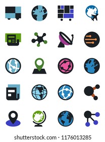 Color and black flat icon set - satellite antenna vector, globe, plane, earth, pin, consolidated cargo, network, share, news, social media