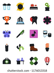 Color and black flat icon set - baggage conveyor vector, boot, butterfly, doctor case, blood pressure, patch, ambulance star, caries, route, music, update, manager desk, pen, flower in pot, candle