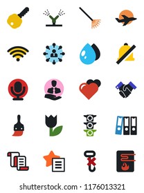 Color and black flat icon set - contract vector, hierarchy, rake, water drop, heart, plane, traffic light, client, no hook, tulip, microphone, favorites list, themes, mute, paper binder, handshake