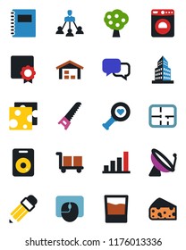 Color and black flat icon set - satellite antenna vector, washer, mouse, saw, heart diagnostic, cargo, dialog, speaker, sertificate, copybook, office building, bar graph, hierarchy, pencil, plan