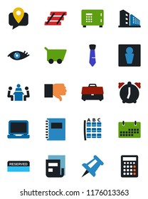 Color and black flat icon set - male vector, seat map, safe, drawing pin, eye, mobile tracking, laptop pc, finger down, alarm, calendar, case, copybook, news, meeting, tie, paper tray, reserved