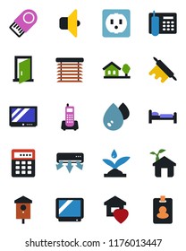 Color and black flat icon set - bed vector, bird house, office phone, tv, with tree, sweet home, rolling pin, eco, socket, irrigation, air conditioner, water, sound, jalousie, door, combination lock