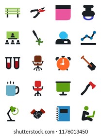 Color and black flat icon set - alarm clock vector, office chair, job, pruner, axe, bench, ripper, blood test vial, coffee, copybook, presentation board, blank box, support, point graph, desk lamp