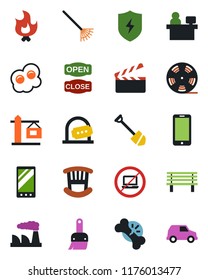 Color and black flat icon set - no laptop vector, ticket office, mobile phone, manager place, job, factory, rake, fire, bench, broken bone, clapboard, reel, protect, themes, children room, crane