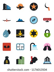 Color and black flat icon set - shower vector, plane, money bag, sickle, lungs, record, download, compass, lock, office building, mountains, plan, reserved, water, smoke detector, police