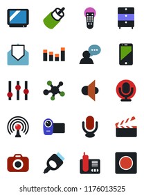 Color and black flat icon set - clapboard vector, archive chest, camera, antenna, speaker, settings, equalizer, tv, video, microphone, remote control, cell phone, radio, share, mail, rca, hdmi