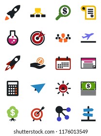 Color and black flat icon set - departure vector, alarm led, target, group, rocket, money search, investment, calendar, flask, cash, calculator, paper plane, schedule, social media, hierarchy, tree