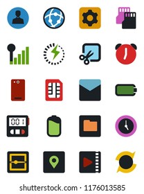 Color and black flat icon set - phone back vector, settings, user, clock, alarm, stopwatch, mail, scanner, sd, sim, network, folder, cut, place tag, video, cellular signal, battery, charge, update
