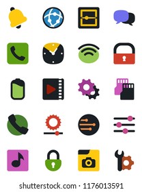Color and black flat icon set - call vector, message, settings, tuning, clock, bell, scanner, sd, network, wireless, brightness, lock, music, video, photo gallery, battery, root setup