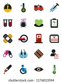 Color and black flat icon set - medical room vector, heart, syringe, blood test vial, dropper, pills, blister, ampoule, patch, tomography, ambulance car, disabled, lungs, eye, calendar, patient