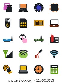 Color and black flat icon set - notebook pc vector, garden fork, clock, barcode, remote control, touch screen, laptop, radio phone, mobile camera, sd, sim, wireless, cellular signal, chip, router