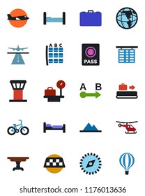Color and black flat icon set - airport tower vector, runway, taxi, baggage conveyor, passport, bed, plane, helicopter, seat map, flight table, luggage scales, case, bike, route, compass, mountains