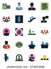 Color and black flat icon set - escalator vector, male, reception, manager place, hospital, doctor, patient, pregnancy, client, speaker, fingerprint id, company, estate agent, group, hierarchy