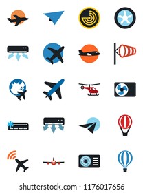 Color and black flat icon set - plane vector, radar, wind, helicopter, globe, air conditioner, fan, paper, balloon