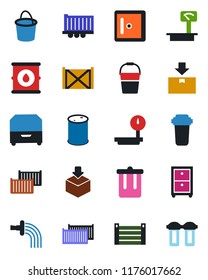 Color and black flat icon set - trash bin vector, checkroom, bucket, watering, truck trailer, cargo container, package, oil barrel, heavy scales, archive box, water filter