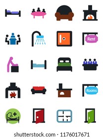 Color and black flat icon set - baby room vector, bed, shower, checkroom, meeting, fireplace, hospital, plan, rent, rooms, bedroom, cushioned furniture, door