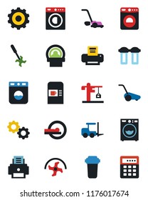 Color and black flat icon set - coffee machine vector, washer, fork loader, gear, ripper, lawn mower, tomography, printer, crane, water filter, combination lock